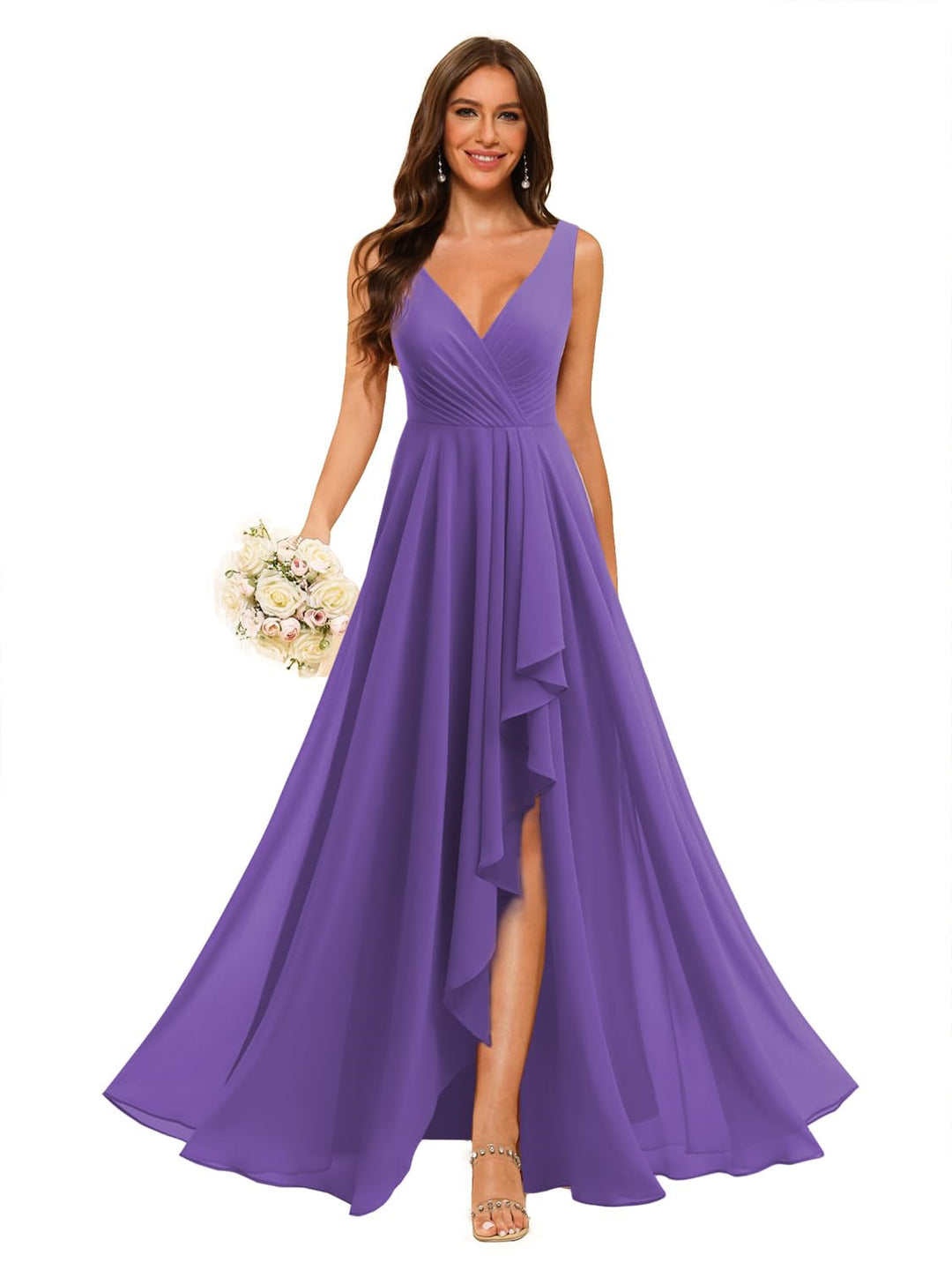 A-Line/Princess  V Neck Sleeveless Floor Length  Bridesmaid Dresses Chiffon with Slit Pockets