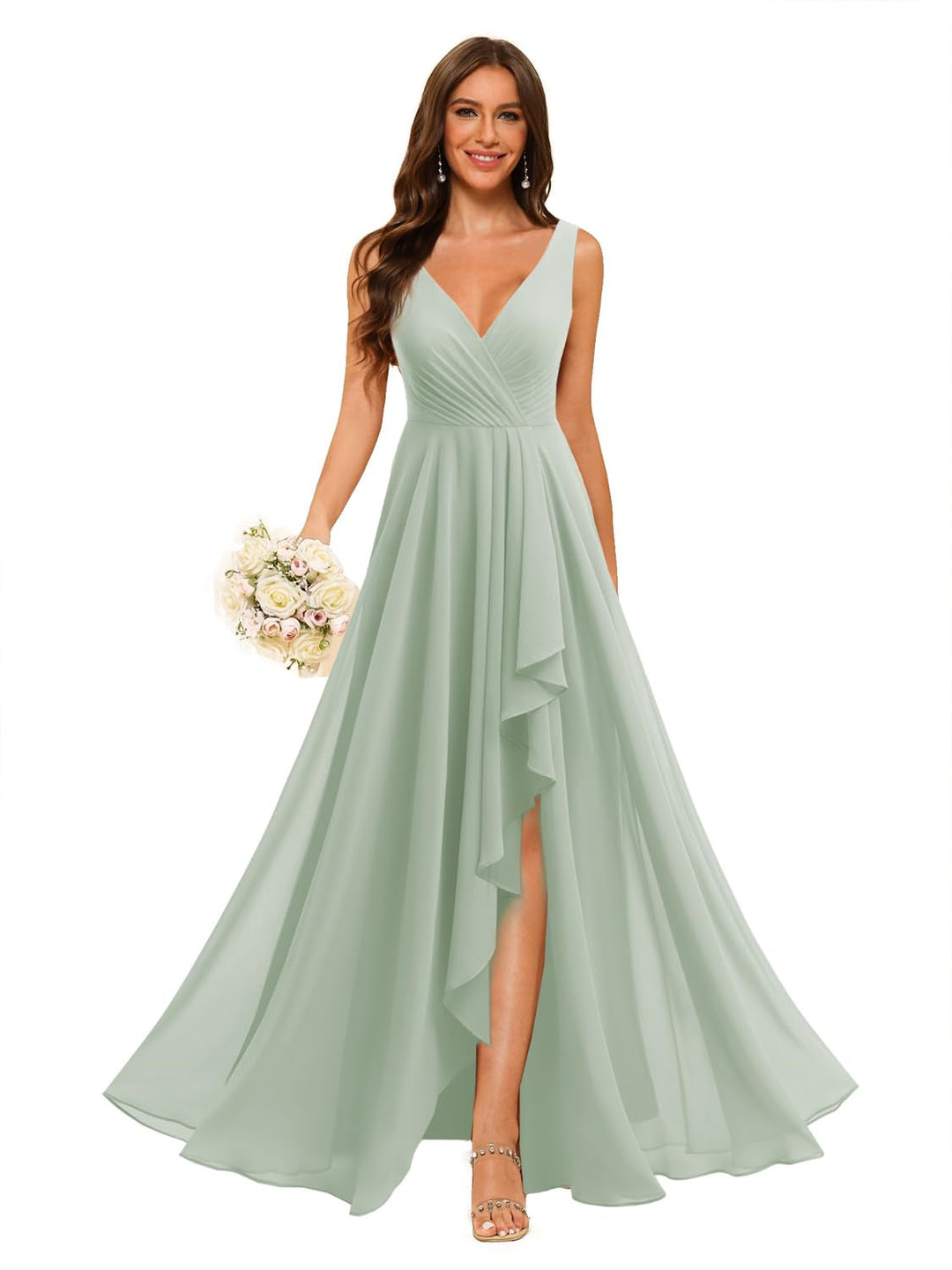 A-Line/Princess  V Neck Sleeveless Floor Length  Bridesmaid Dresses Chiffon with Slit Pockets