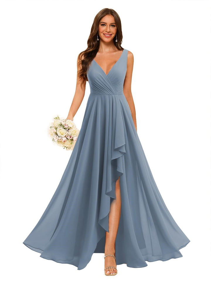 A-Line/Princess  V Neck Sleeveless Floor Length  Bridesmaid Dresses Chiffon with Slit Pockets