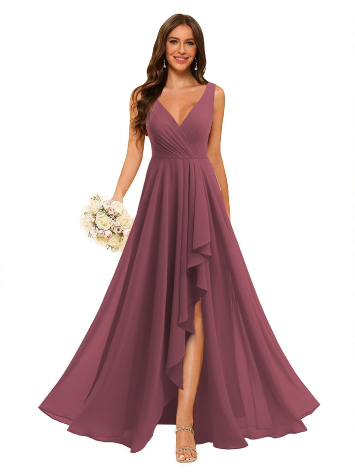 A-Line/Princess  V Neck Sleeveless Floor Length  Bridesmaid Dresses Chiffon with Slit Pockets