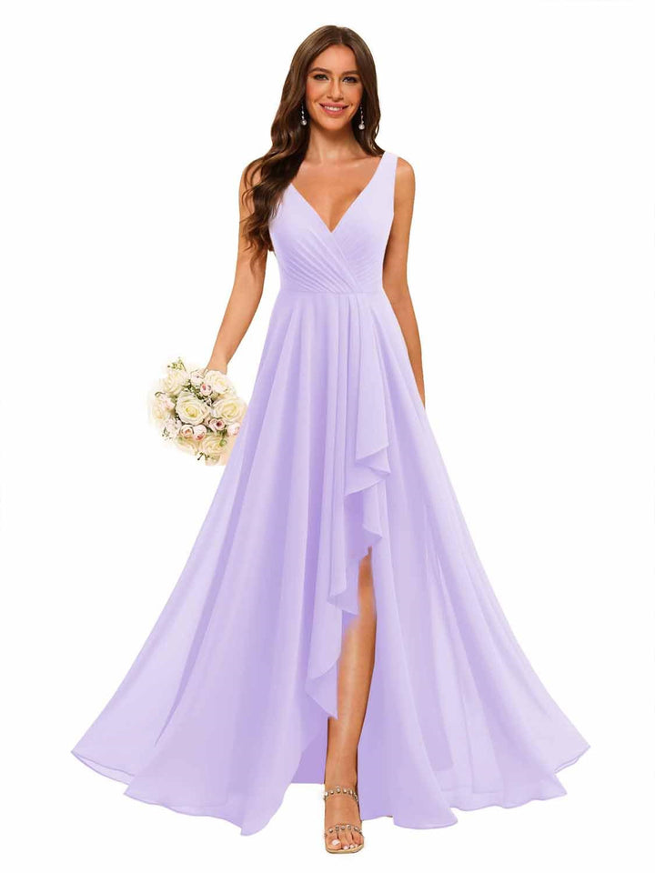 A-Line/Princess  V Neck Sleeveless Floor Length  Bridesmaid Dresses Chiffon with Slit Pockets