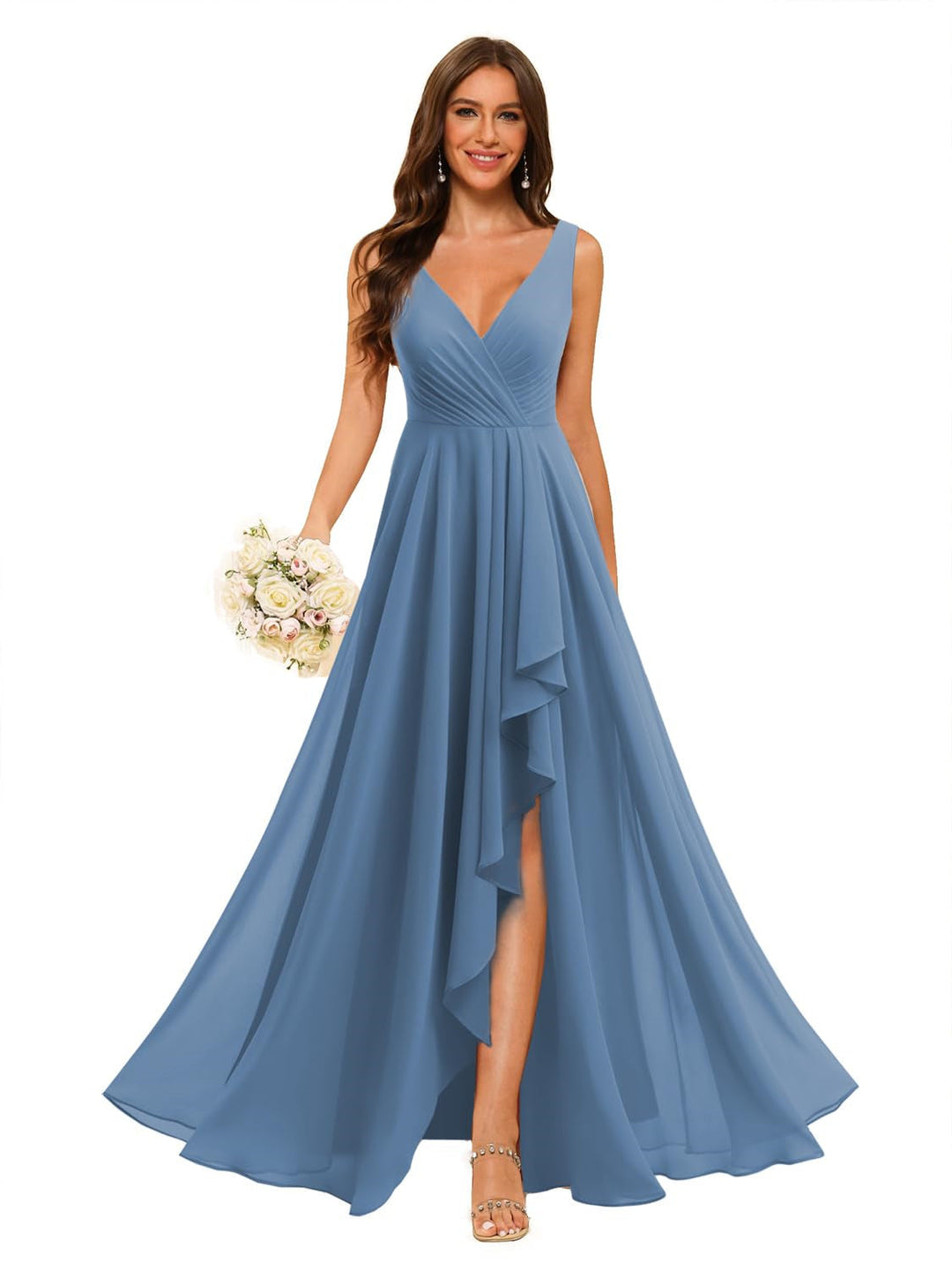 A-Line/Princess  V Neck Sleeveless Floor Length  Bridesmaid Dresses Chiffon with Slit Pockets