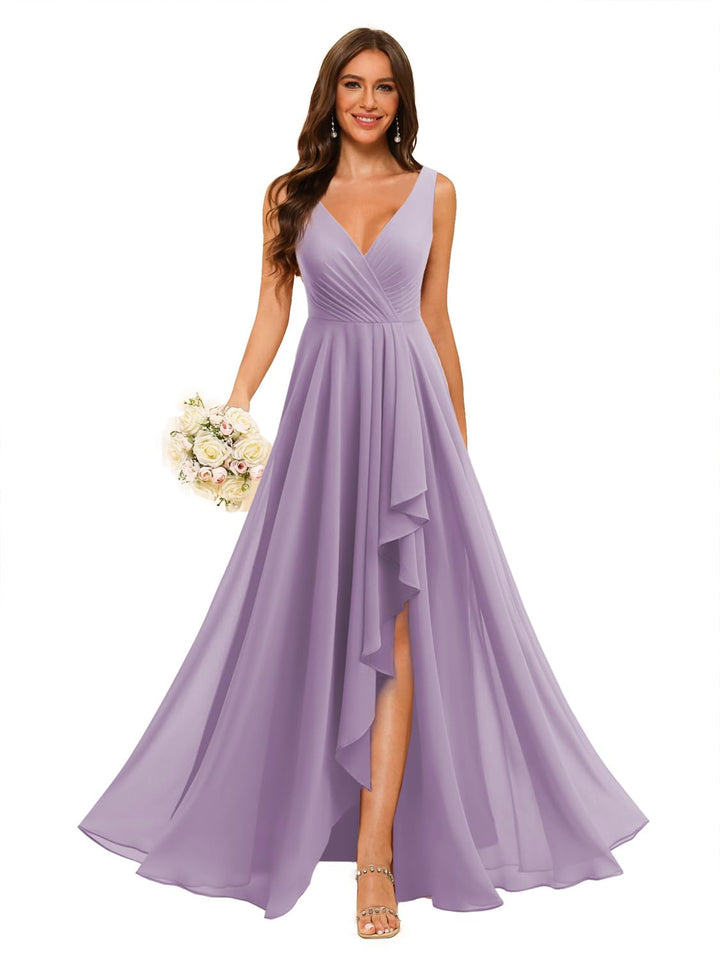 A-Line/Princess  V Neck Sleeveless Floor Length  Bridesmaid Dresses Chiffon with Slit Pockets