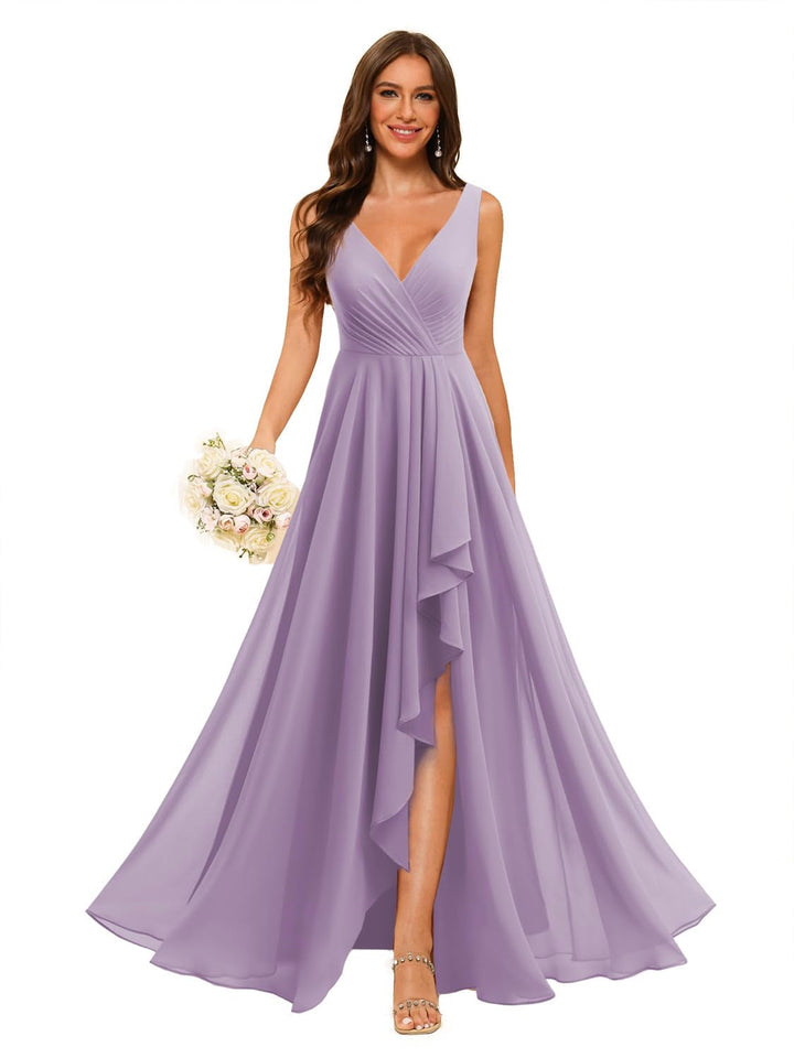 A-Line/Princess  V Neck Sleeveless Floor Length  Bridesmaid Dresses Chiffon with Slit Pockets