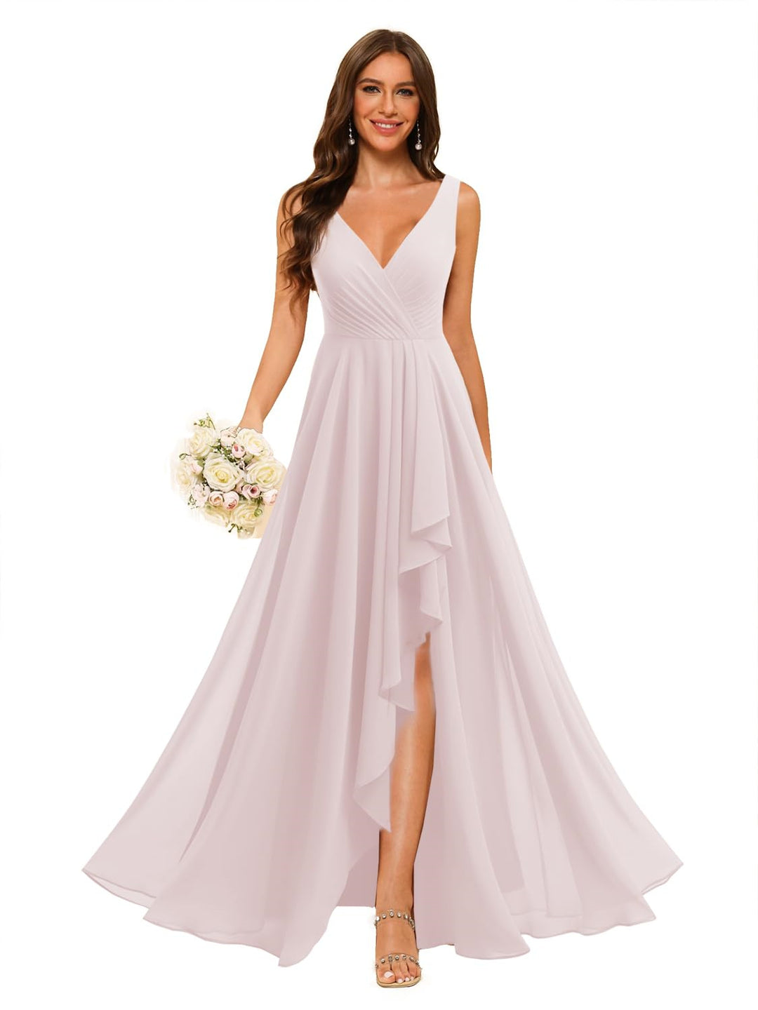 A-Line/Princess  V Neck Sleeveless Floor Length  Bridesmaid Dresses Chiffon with Slit Pockets