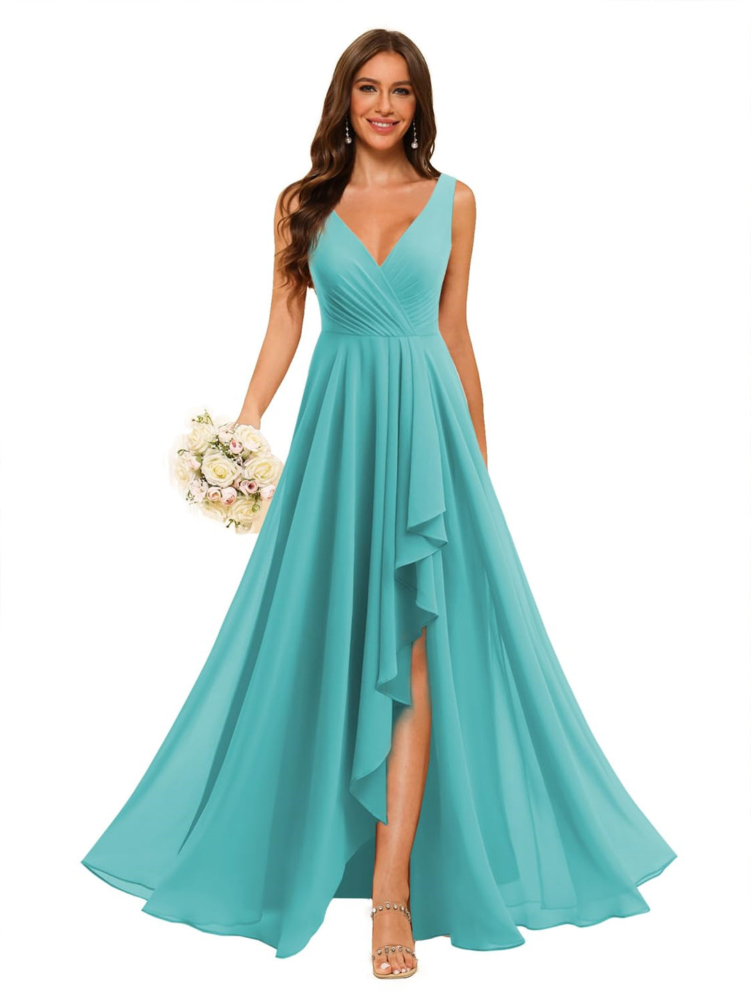 A-Line/Princess  V Neck Sleeveless Floor Length  Bridesmaid Dresses Chiffon with Slit Pockets