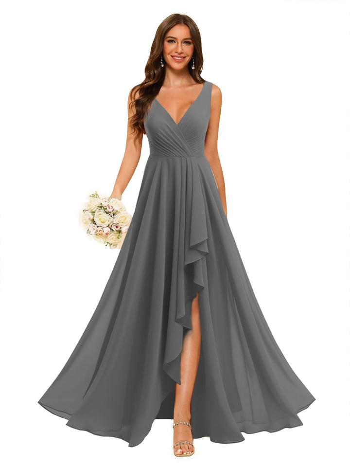 A-Line/Princess  V Neck Sleeveless Floor Length  Bridesmaid Dresses Chiffon with Slit Pockets