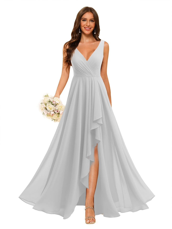 A-Line/Princess  V Neck Sleeveless Floor Length  Bridesmaid Dresses Chiffon with Slit Pockets