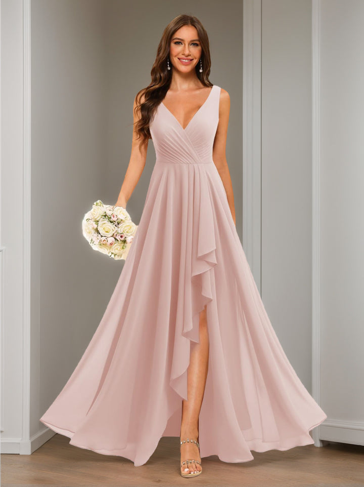 A-Line/Princess  V Neck Sleeveless Floor Length  Bridesmaid Dresses Chiffon with Slit Pockets