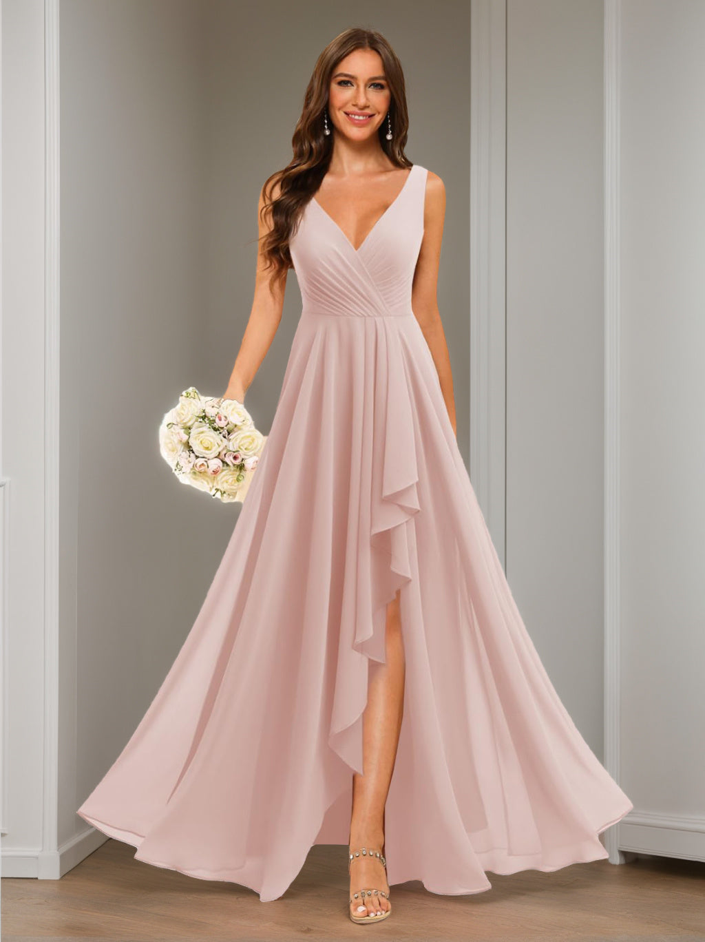 A-Line/Princess  V Neck Sleeveless Floor Length  Bridesmaid Dresses Chiffon with Slit Pockets