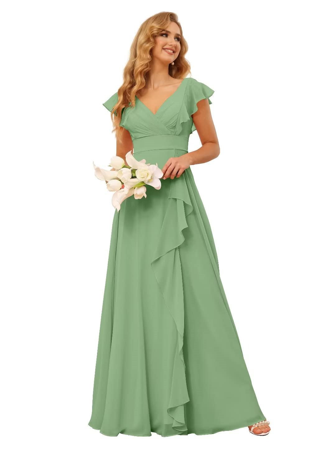 A-Line/Princess  V Neck Short Sleeve Floor Length  Bridesmaid Dresses With  Ruffled Split