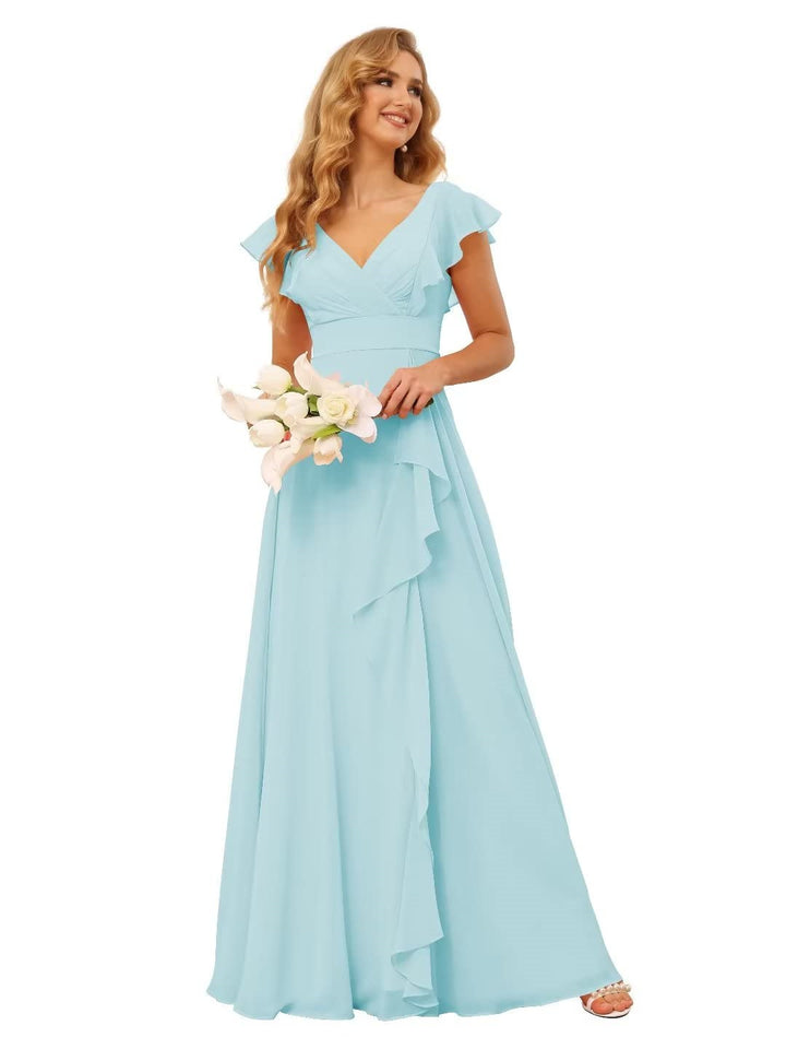 A-Line/Princess  V Neck Short Sleeve Floor Length  Bridesmaid Dresses With  Ruffled Split