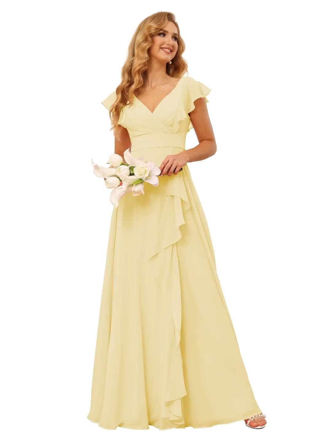 A-Line/Princess  V Neck Short Sleeve Floor Length  Bridesmaid Dresses With  Ruffled Split