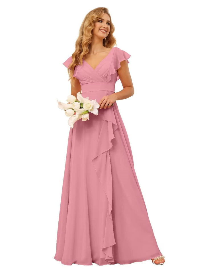 A-Line/Princess  V Neck Short Sleeve Floor Length  Bridesmaid Dresses With  Ruffled Split