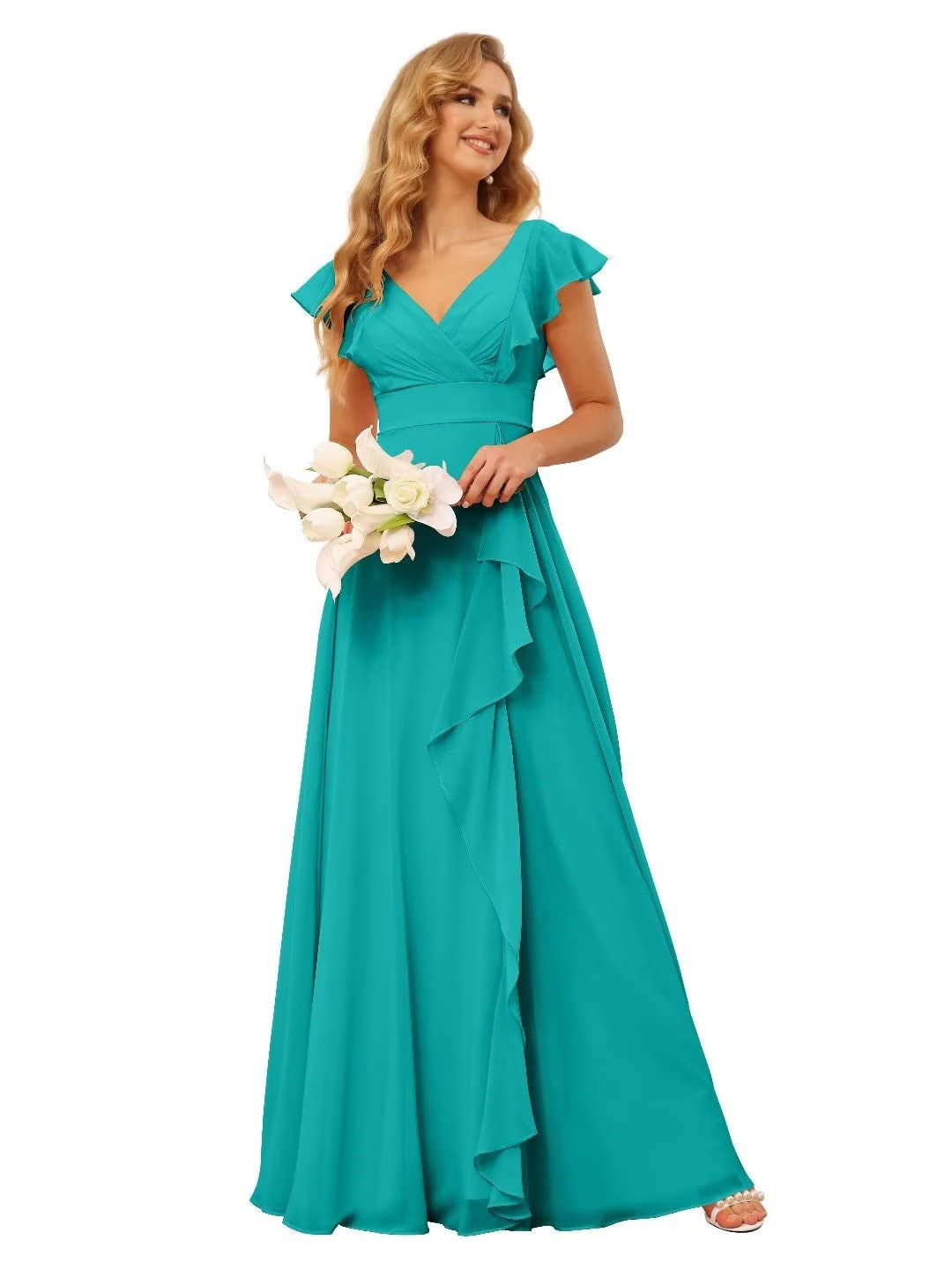 A-Line/Princess  V Neck Short Sleeve Floor Length  Bridesmaid Dresses With  Ruffled Split