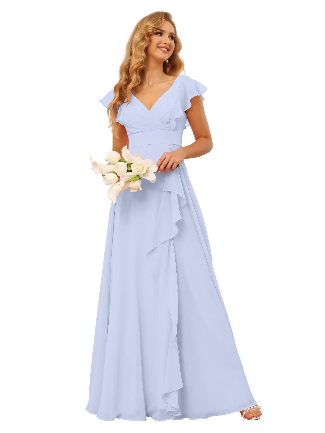 A-Line/Princess  V Neck Short Sleeve Floor Length  Bridesmaid Dresses With  Ruffled Split