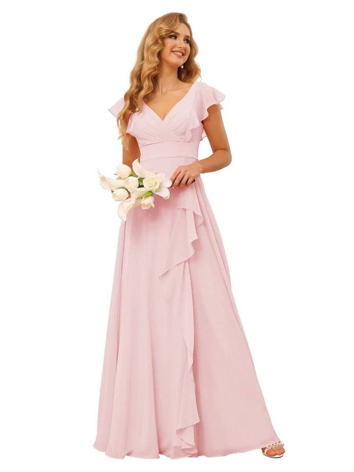 A-Line/Princess  V Neck Short Sleeve Floor Length  Bridesmaid Dresses With  Ruffled Split