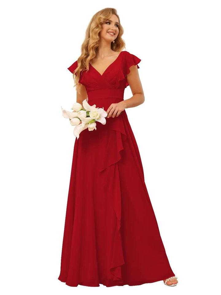 A-Line/Princess  V Neck Short Sleeve Floor Length  Bridesmaid Dresses With  Ruffled Split