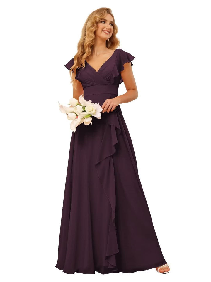 A-Line/Princess  V Neck Short Sleeve Floor Length  Bridesmaid Dresses With  Ruffled Split