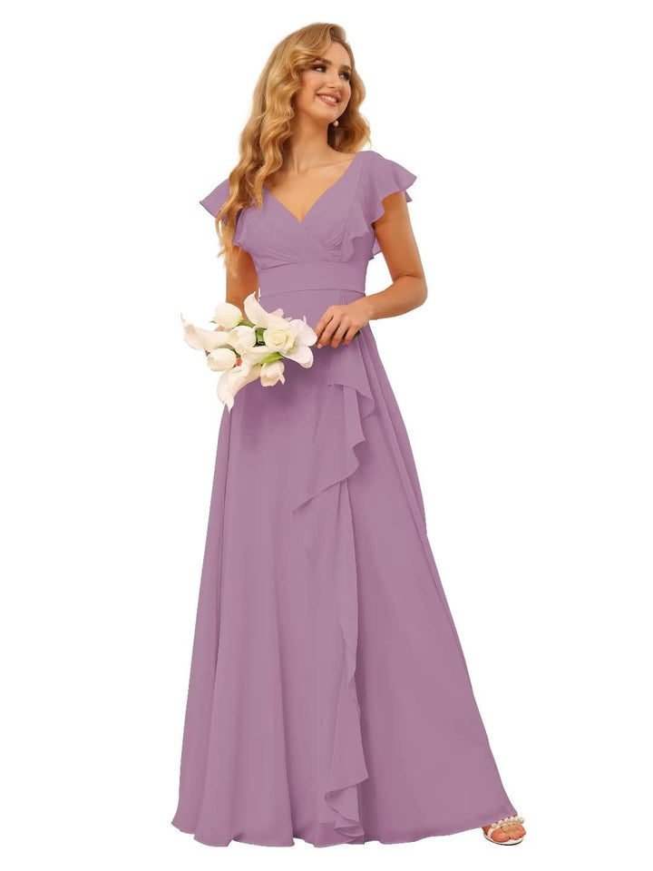 A-Line/Princess  V Neck Short Sleeve Floor Length  Bridesmaid Dresses With  Ruffled Split