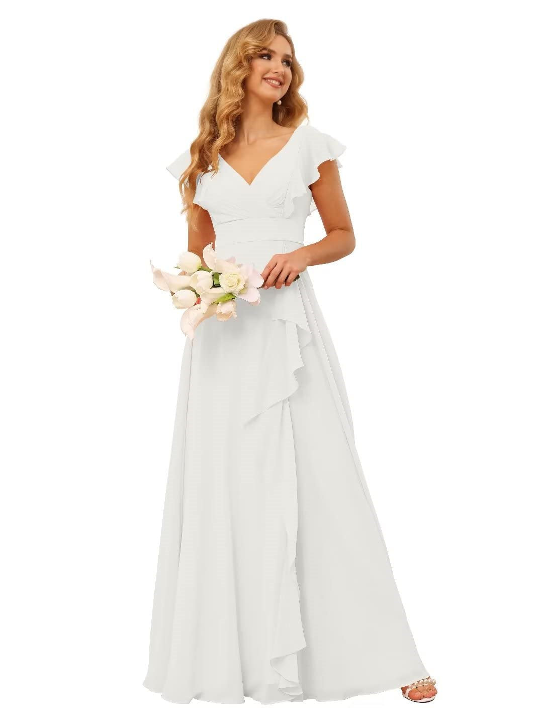 A-Line/Princess  V Neck Short Sleeve Floor Length  Bridesmaid Dresses With  Ruffled Split