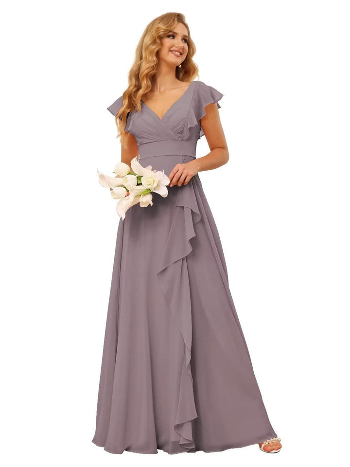 A-Line/Princess  V Neck Short Sleeve Floor Length  Bridesmaid Dresses With  Ruffled Split