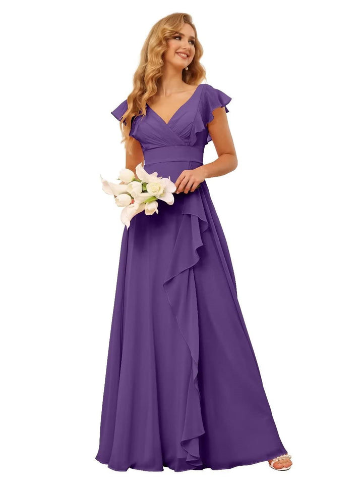 A-Line/Princess  V Neck Short Sleeve Floor Length  Bridesmaid Dresses With  Ruffled Split