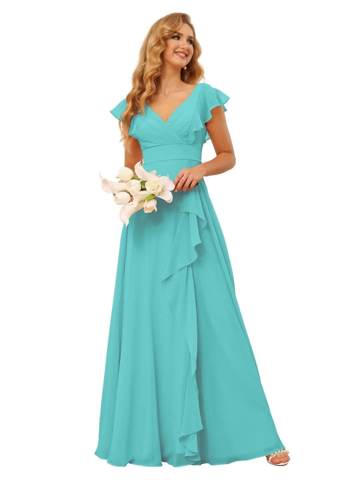 A-Line/Princess  V Neck Short Sleeve Floor Length  Bridesmaid Dresses With  Ruffled Split