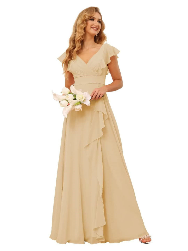 A-Line/Princess  V Neck Short Sleeve Floor Length  Bridesmaid Dresses With  Ruffled Split