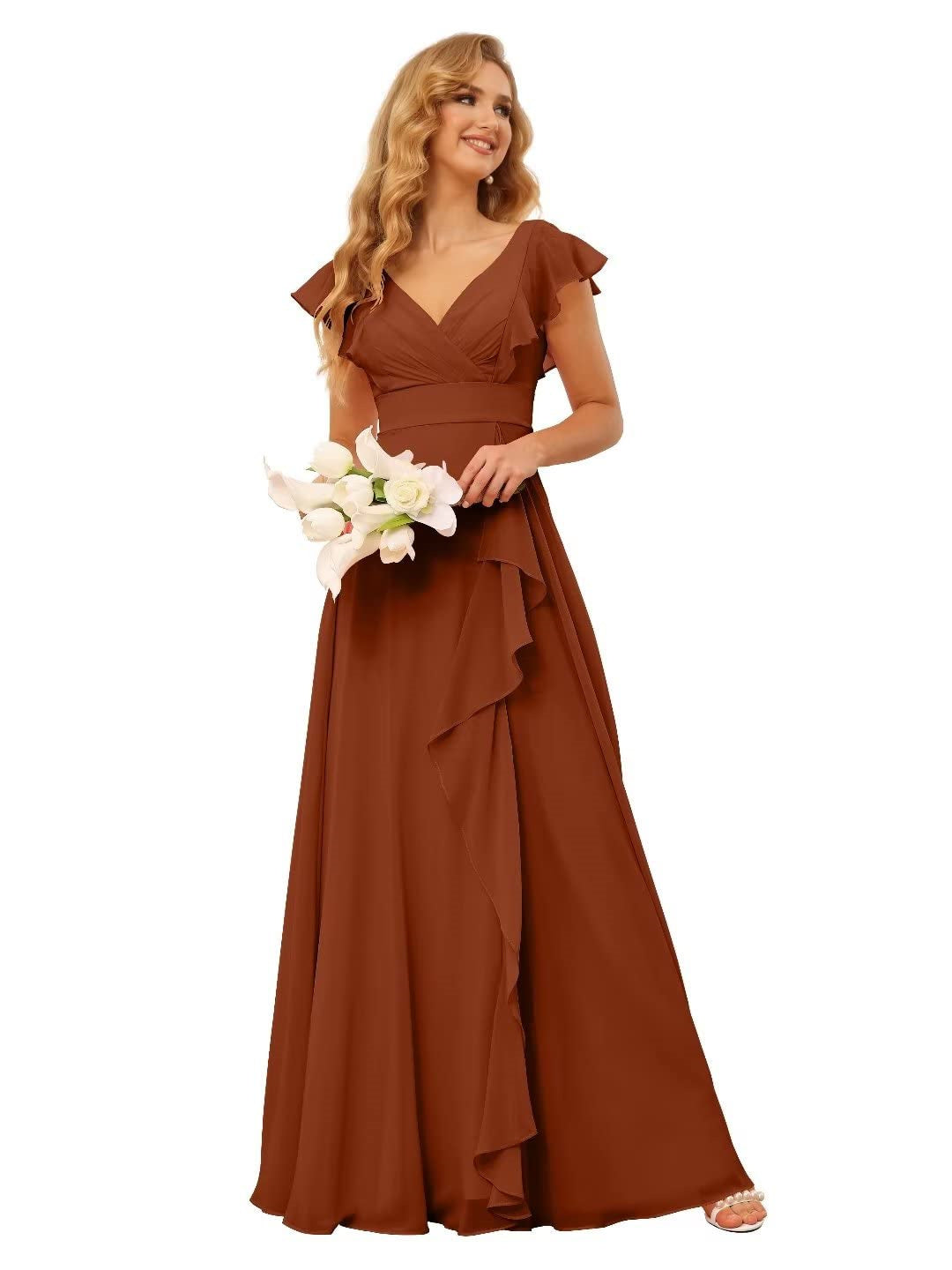 A-Line/Princess  V Neck Short Sleeve Floor Length  Bridesmaid Dresses With  Ruffled Split