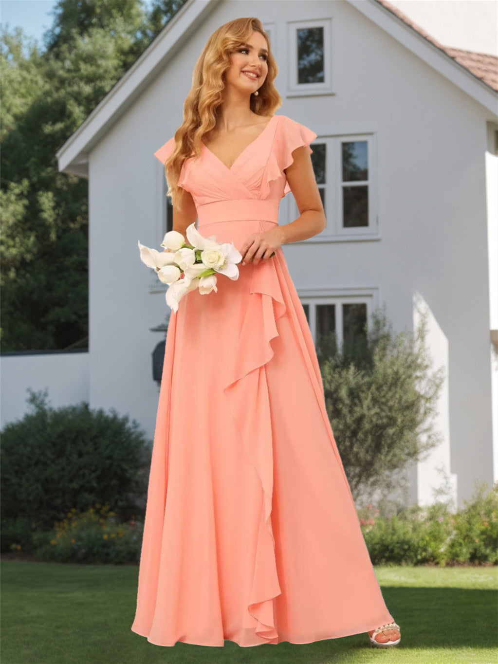 A-Line/Princess  V Neck Short Sleeve Floor Length  Bridesmaid Dresses With  Ruffled Split