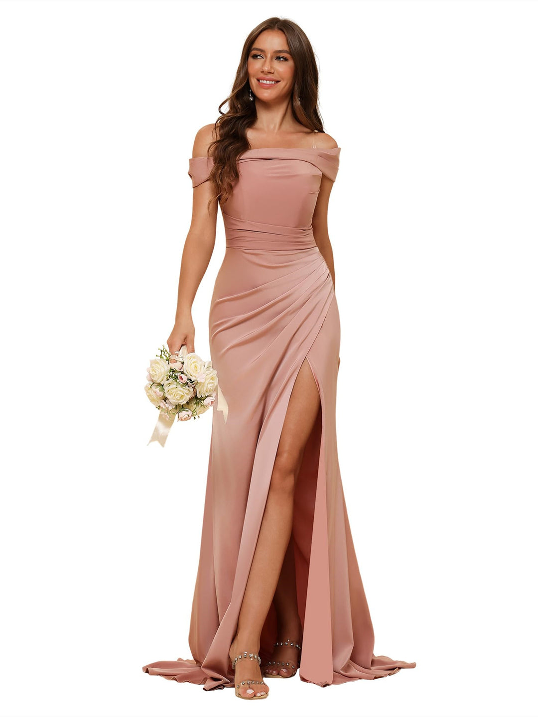 Mermaid Off Shoulder Sleeveless Sweep Train Bridesmaid Dresses Stain with Slit Train