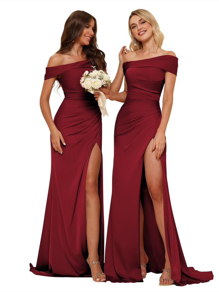 Mermaid Off Shoulder Sleeveless Sweep Train Bridesmaid Dresses Stain with Slit Train