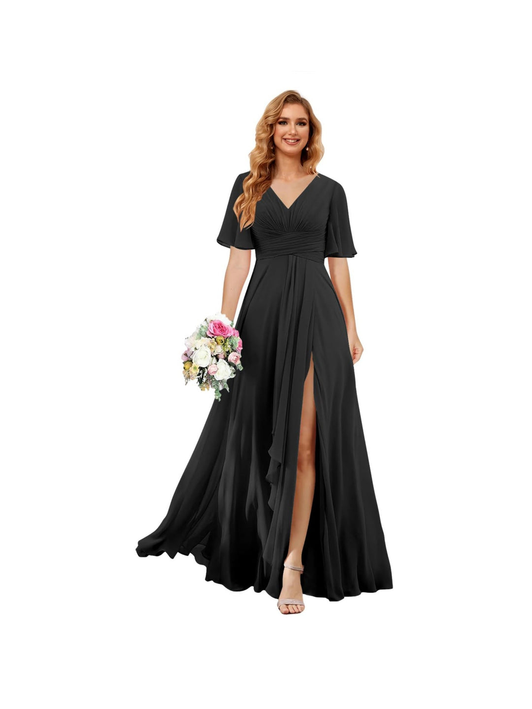 A Line/Princess  V Neck Short Sleeve Floor Length  Bridesmaid Dresses Chiffon with Slit