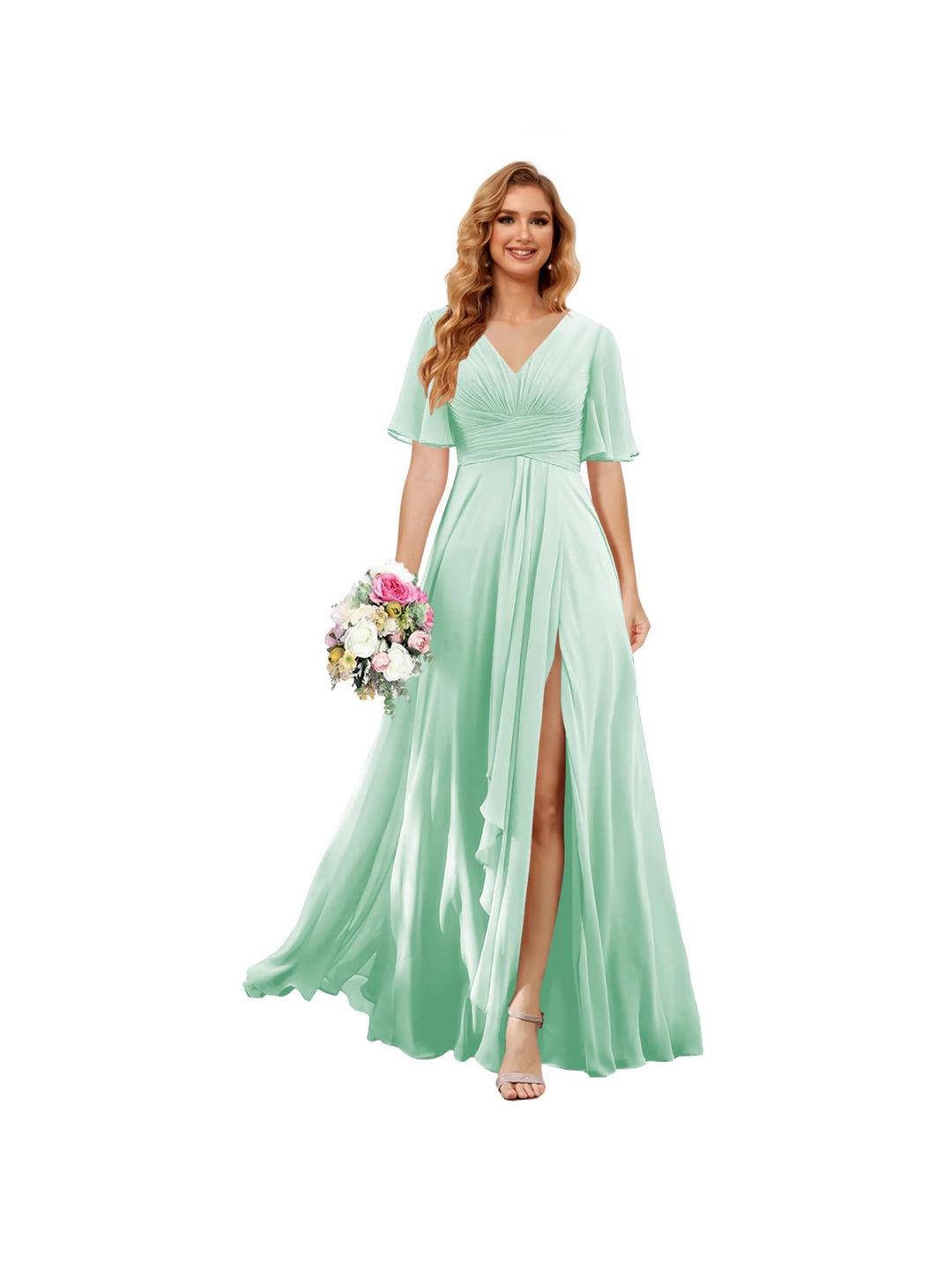 A Line/Princess  V Neck Short Sleeve Floor Length  Bridesmaid Dresses Chiffon with Slit