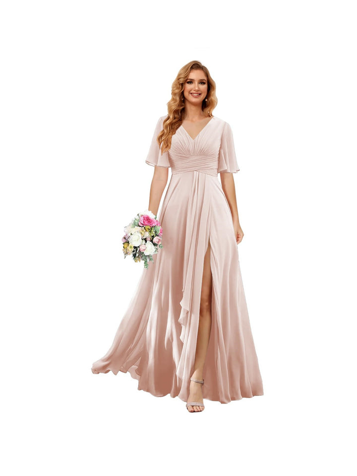 A Line/Princess  V Neck Short Sleeve Floor Length  Bridesmaid Dresses Chiffon with Slit