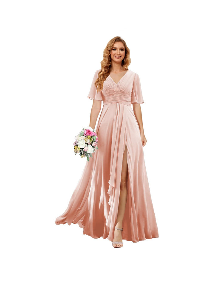 A Line/Princess  V Neck Short Sleeve Floor Length  Bridesmaid Dresses Chiffon with Slit