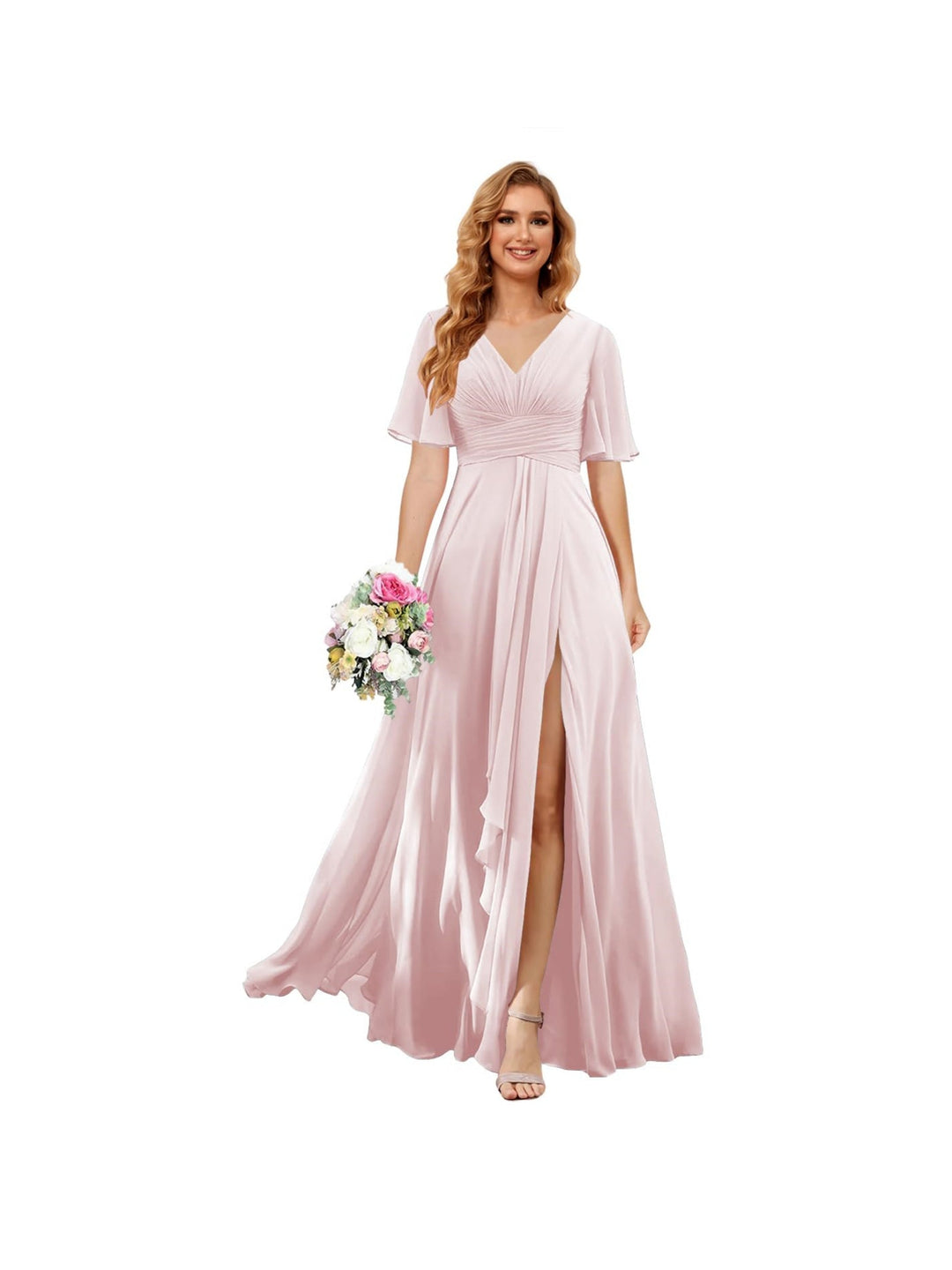 A Line/Princess  V Neck Short Sleeve Floor Length  Bridesmaid Dresses Chiffon with Slit