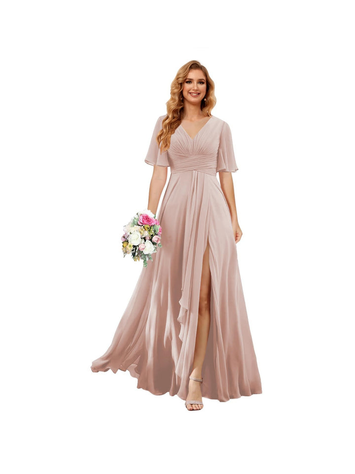 A Line/Princess  V Neck Short Sleeve Floor Length  Bridesmaid Dresses Chiffon with Slit