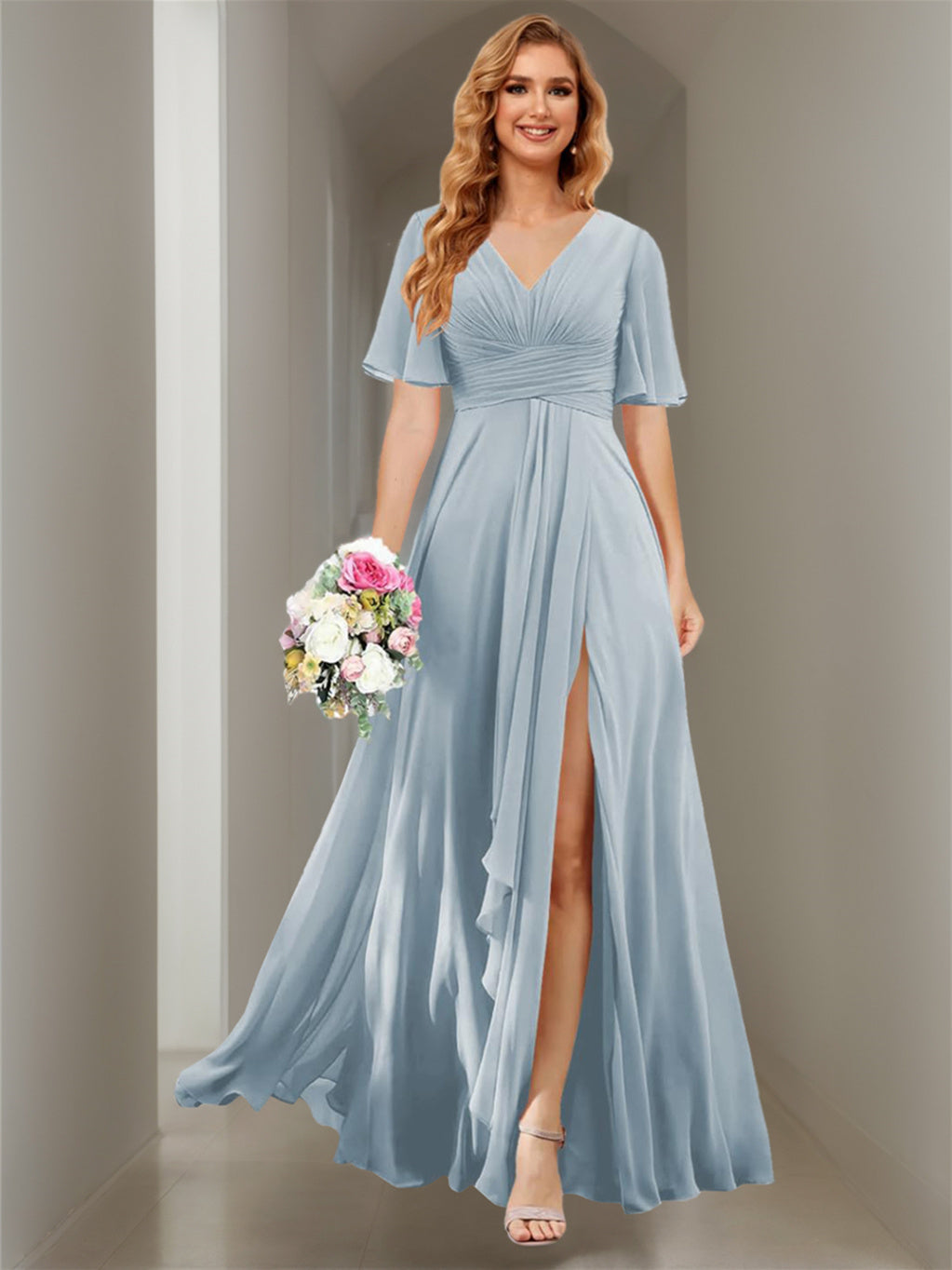 A Line/Princess  V Neck Short Sleeve Floor Length  Bridesmaid Dresses Chiffon with Slit