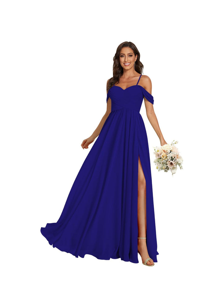 A Line /Princess Off Shoulder Sweetheart  Sleeveless Floor Length Bridesmaid Dresses Chiffon with Pockets Slit