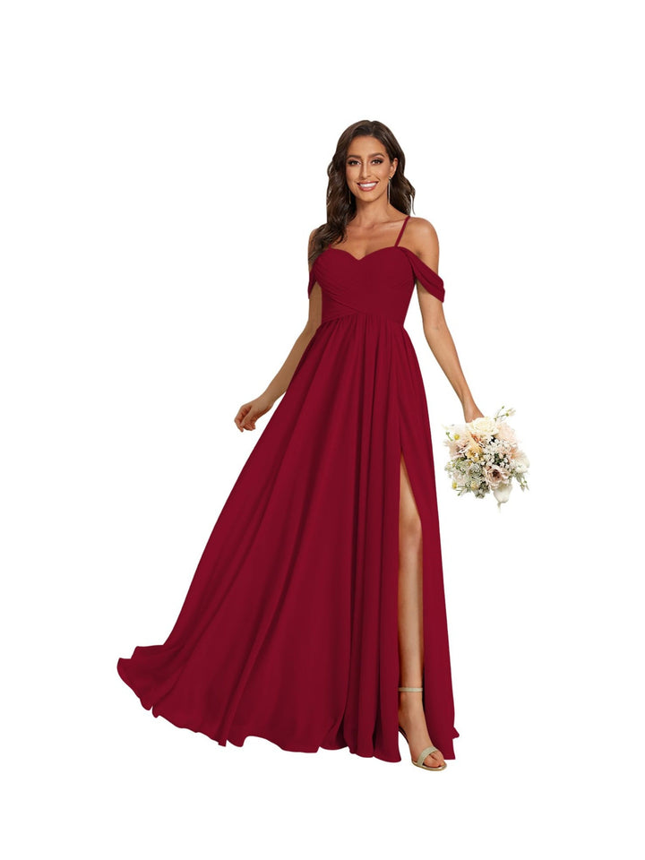 A Line /Princess Off Shoulder Sweetheart  Sleeveless Floor Length Bridesmaid Dresses Chiffon with Pockets Slit