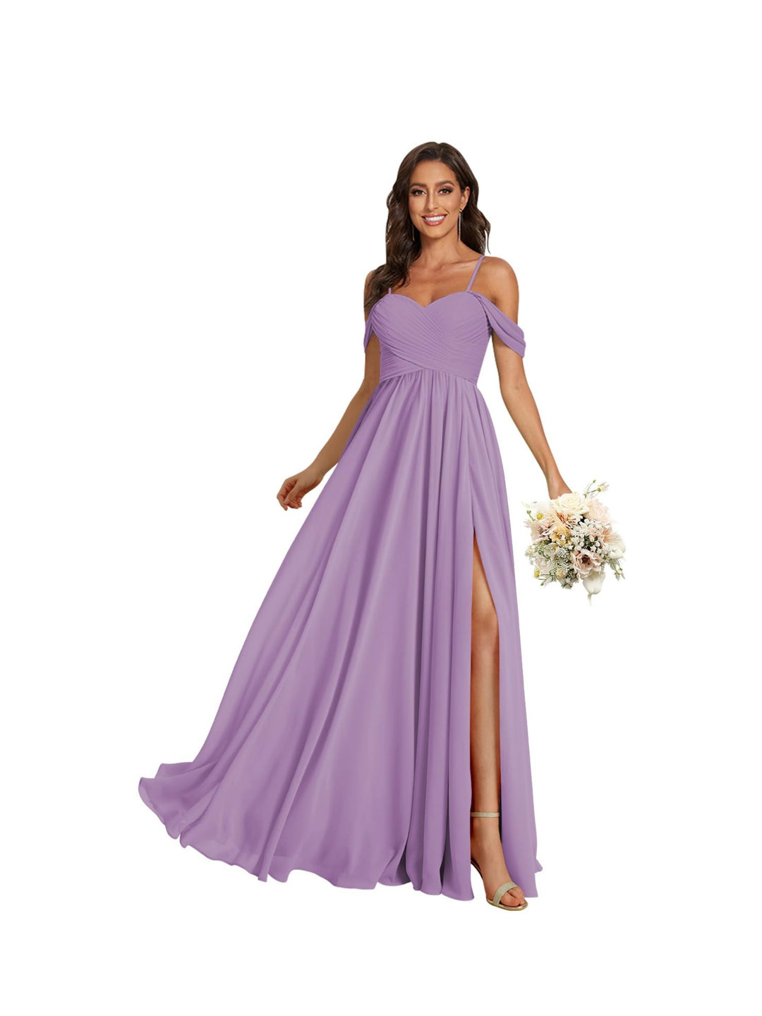 A Line /Princess Off Shoulder Sweetheart  Sleeveless Floor Length Bridesmaid Dresses Chiffon with Pockets Slit