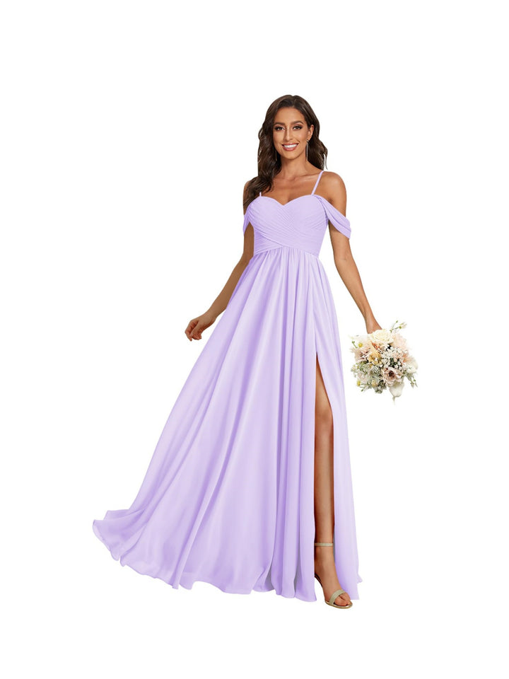 A Line /Princess Off Shoulder Sweetheart  Sleeveless Floor Length Bridesmaid Dresses Chiffon with Pockets Slit