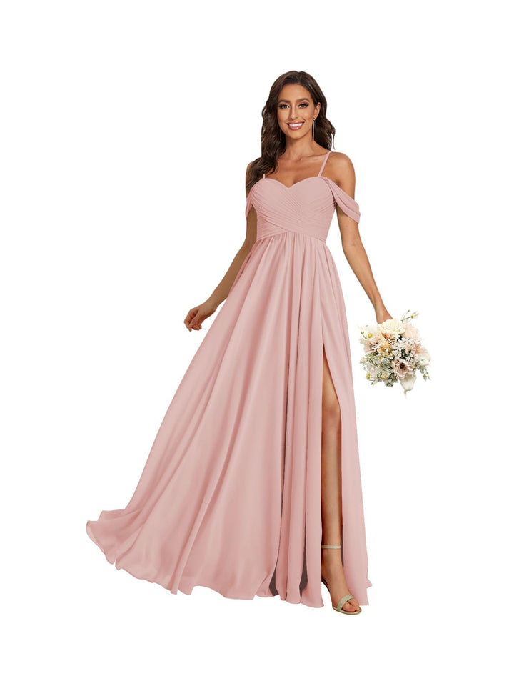 A Line /Princess Off Shoulder Sweetheart  Sleeveless Floor Length Bridesmaid Dresses Chiffon with Pockets Slit