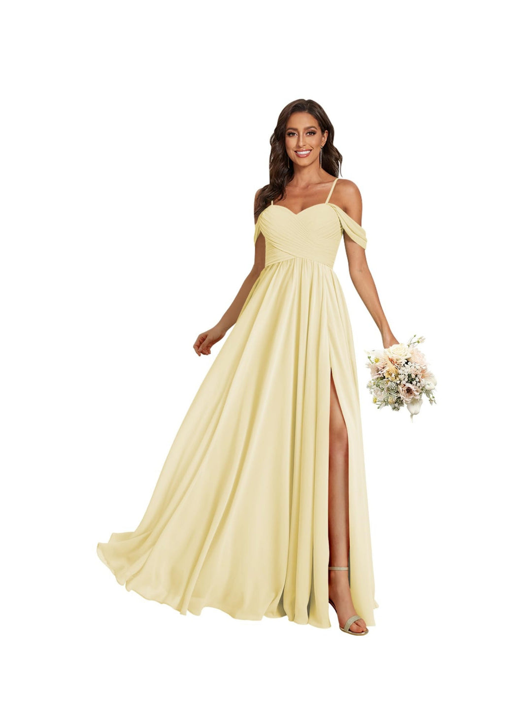 A Line /Princess Off Shoulder Sweetheart  Sleeveless Floor Length Bridesmaid Dresses Chiffon with Pockets Slit