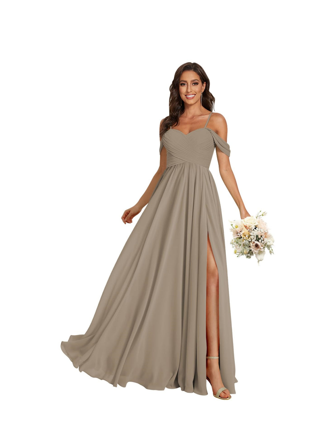 A Line /Princess Off Shoulder Sweetheart  Sleeveless Floor Length Bridesmaid Dresses Chiffon with Pockets Slit