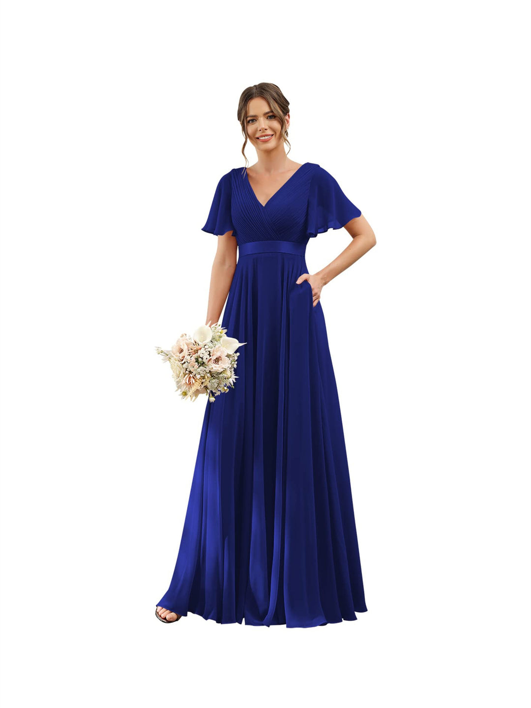 A-Line  V Neck Flutter Sleeves  Floor Length Bridesmaid Dresses  Chiffon  with Pockets Ruched