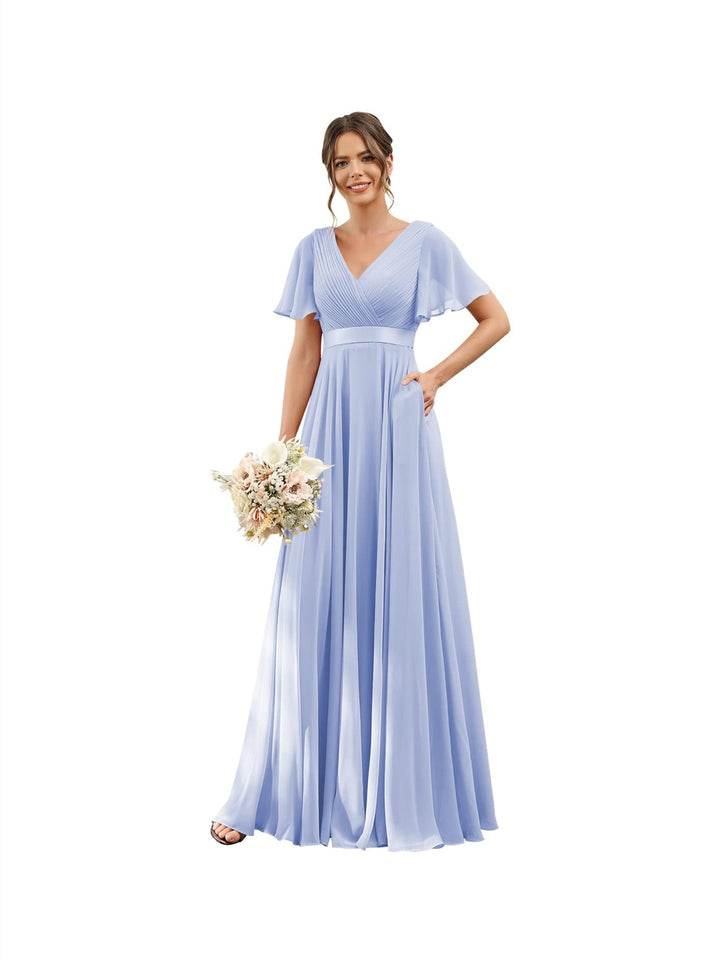 A-Line  V Neck Flutter Sleeves  Floor Length Bridesmaid Dresses  Chiffon  with Pockets Ruched