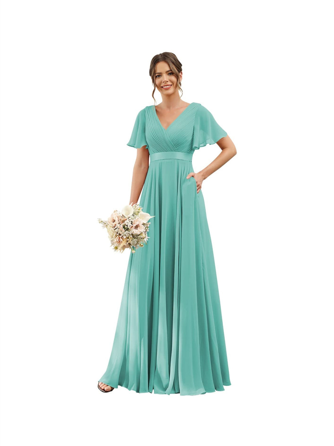 A-Line  V Neck Flutter Sleeves  Floor Length Bridesmaid Dresses  Chiffon  with Pockets Ruched